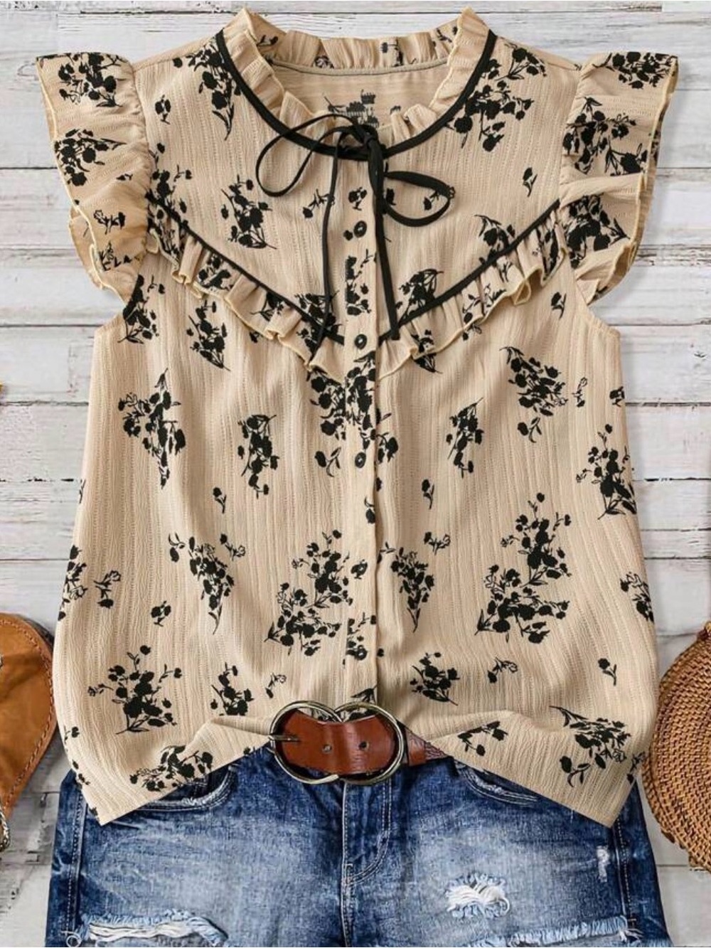 SHEIN Cream Ruffle Tie-Neck Floral Sleeveless Blouse - Picture 2 of 2